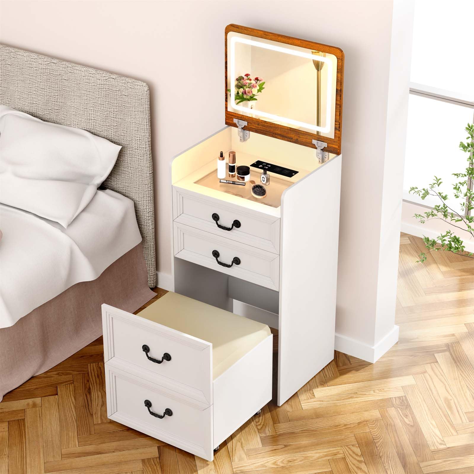 Photo 1 of Trygoal 3 in 1 Compact Vanity, Small Dresser Desk with Flip-Top Mirror & Hidden Stool, Farmhouse Vanity Desk with USB Charging Station & 3-Color Lighting, Nightstand with Visible Glass Desktop, White