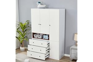 Sophshelter 3-Door Armoire Wardrobe Closet, Wooden 3 Drawers White Closet Cabinet for Large Capacity, Tall Cabinet Closet with 2 Hanging Rod and Storage for 47.3" L x 20.3" W x 72" H