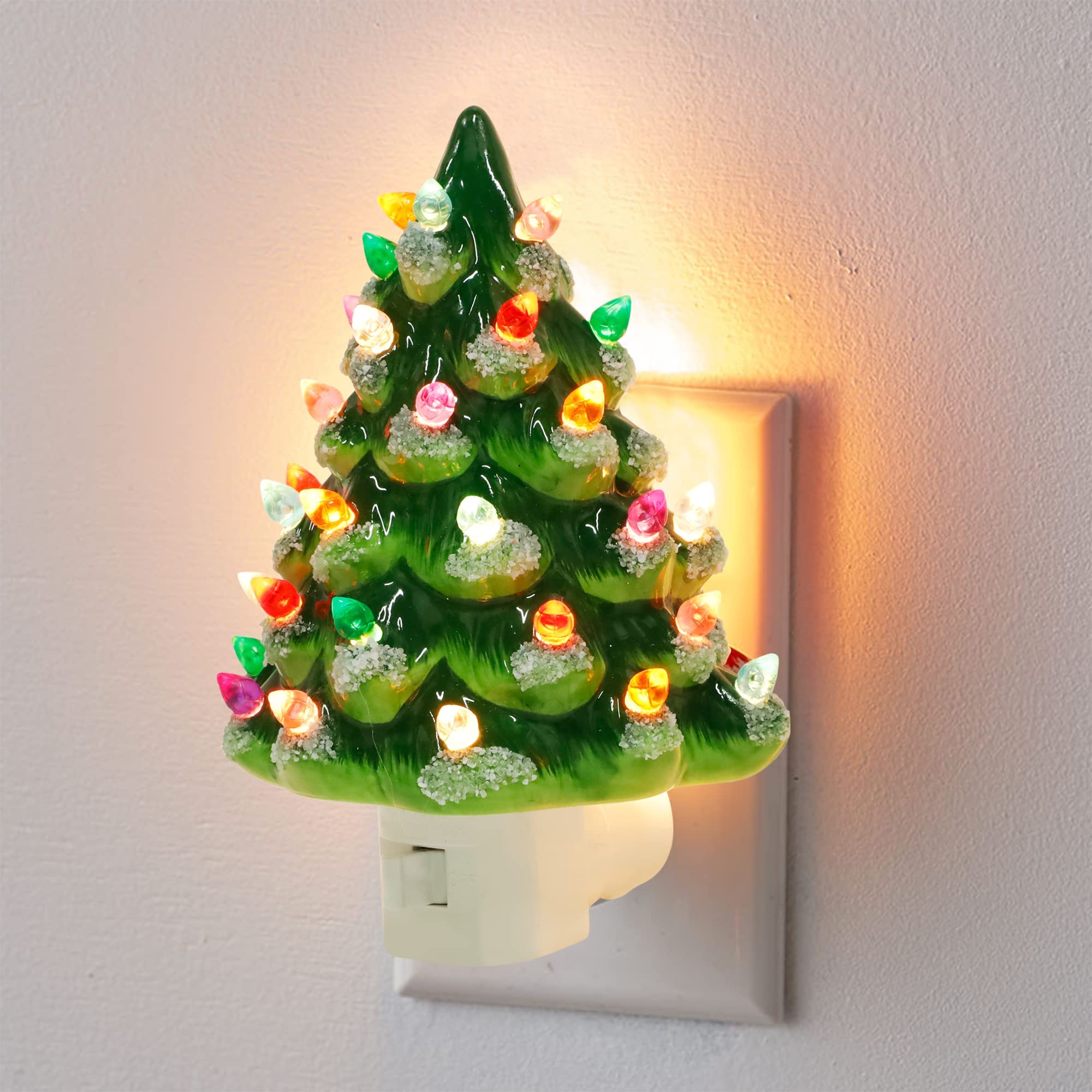 Photo 1 of Hausse Christmas Ceramic Tree Night Light, Decorative Snow Covered Xmas Tree Nightlight with Lamp, Multicolor Bulbs & 360 Degree Swivel Plug with ON/Off Switch for Home Bathroom Bedroom Decor
