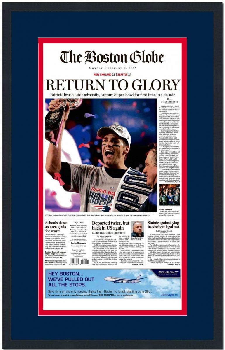 Amazon Com Framed Boston Globe Return To Glory New England Patriots Super Bowl Xlix 49 Champions 17x27 Football Newspaper Photo Professionally Matted Sports Collectibles