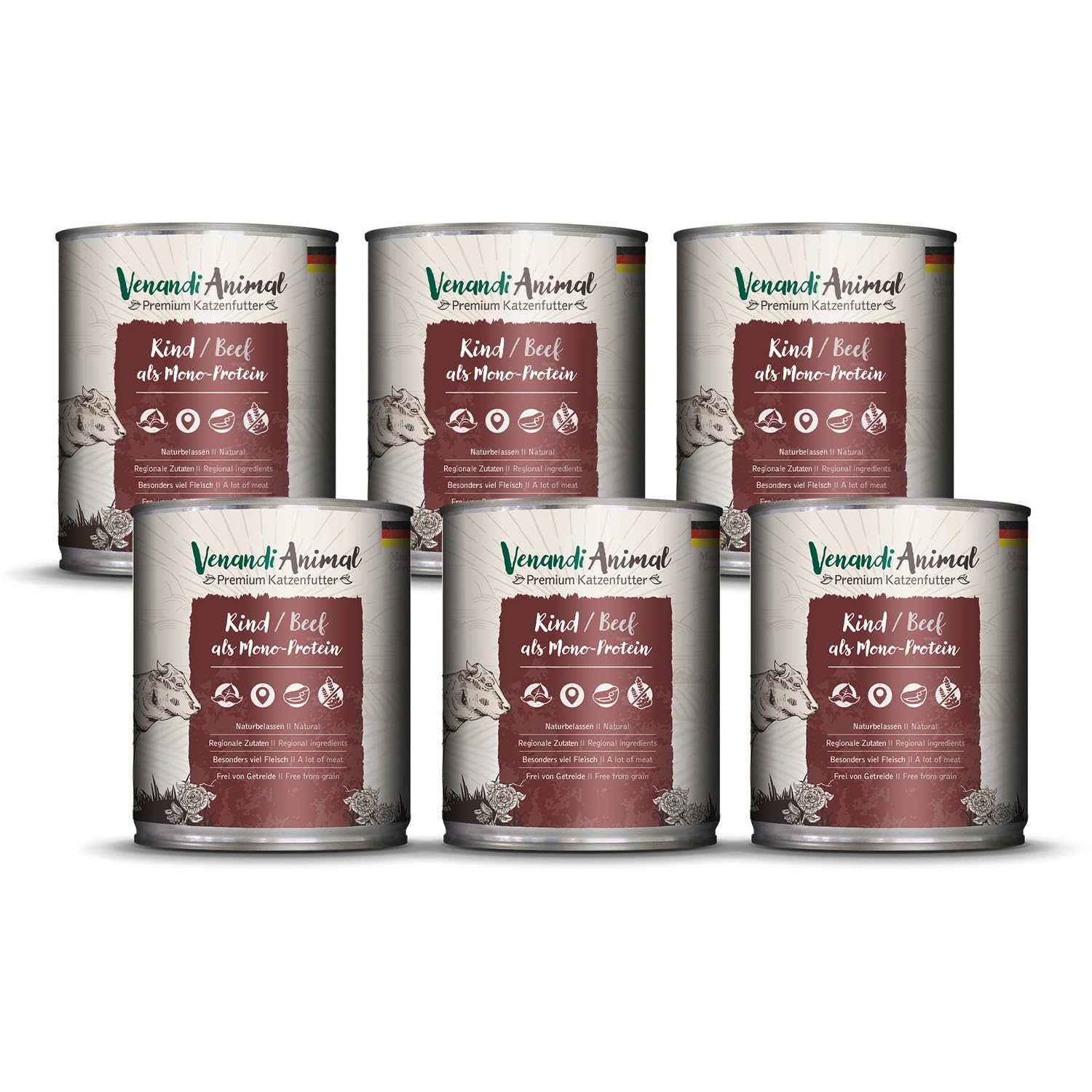 Venandi Animal Premium Cat Food, Beef as Monoprotein, Wet Food, Grain-Free and Natural, Pack of 6 (6 x 800 g)
