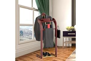 TTVACVX Suit Valet Stands for Women and Men, Wood Valet Stand with Base, Wardrobe Suit Valet Stand Organizer with Trouser Bar and Tie Bar, for Office Living Room (brown reddish colour)