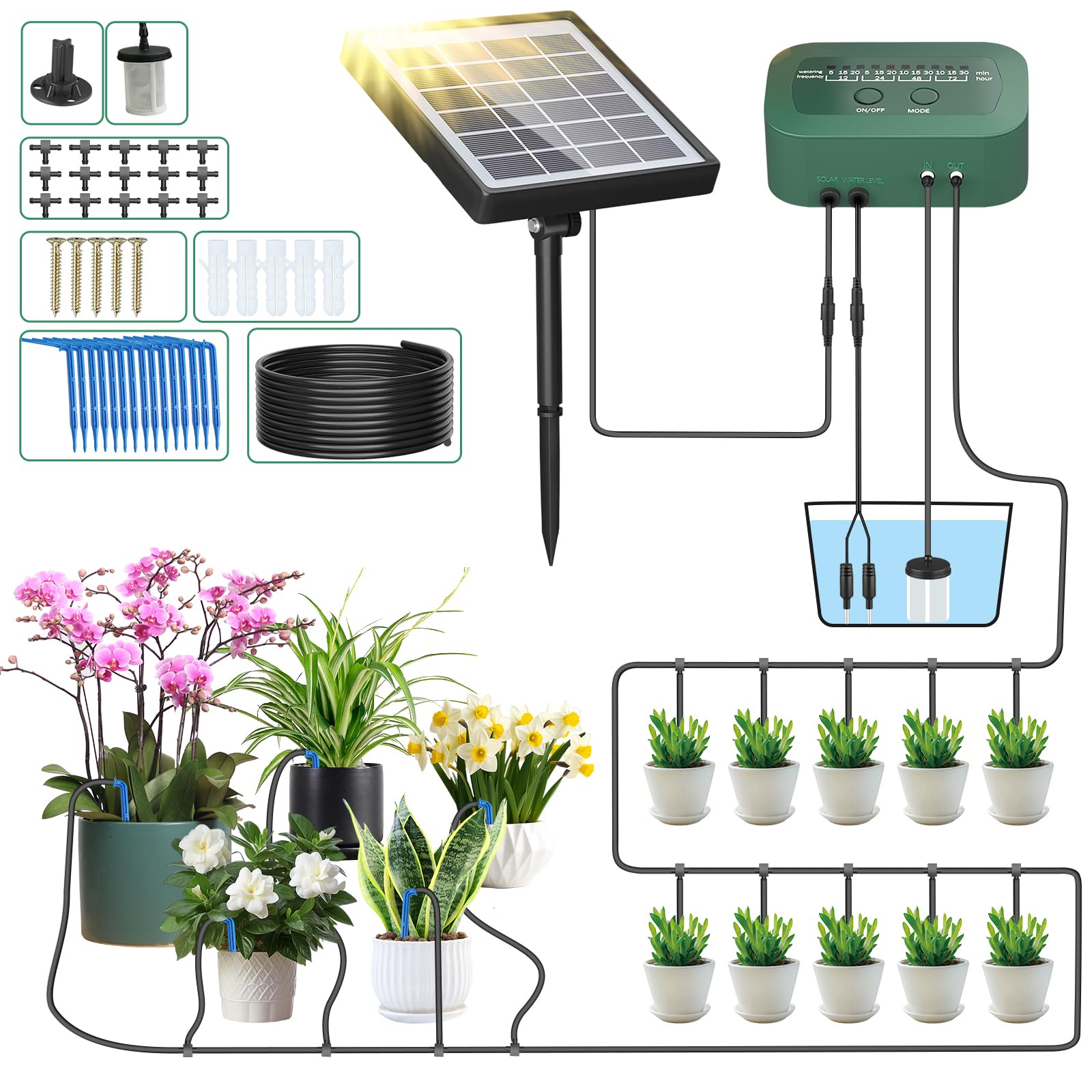 PChero Solar Irrigation System Kit, Self Automatic Greenhouse Drip Irrigation System with Timer Solar Watering Systems with 15M Hose for Garden Outdoor Indoor Plants Potted Lawn Yard Balcony Terrace