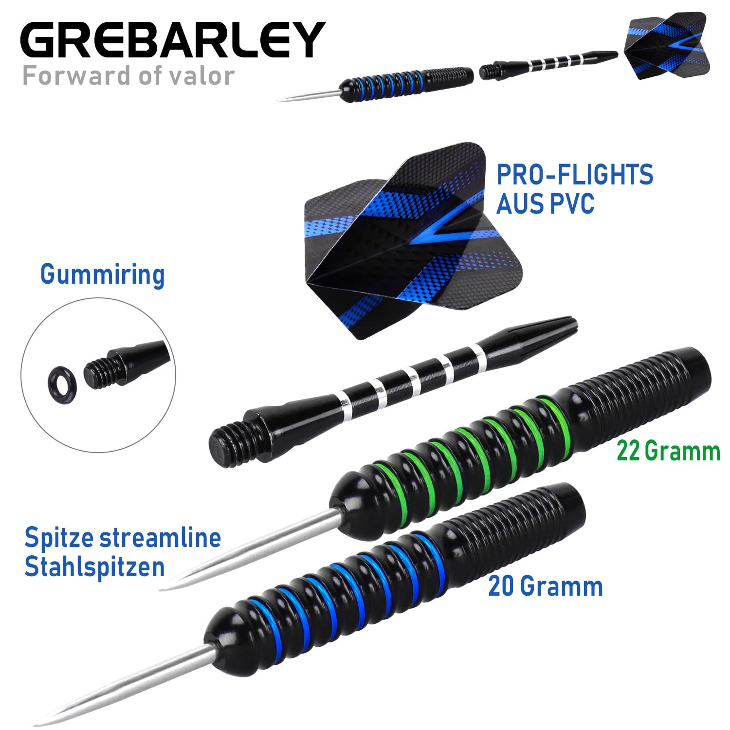 Grebarley Dartpfeile mit Metallspitze,12 Stück Profi Steeldarts 18 Aluminium Schaft mit 9 Flights 20 Orings 2