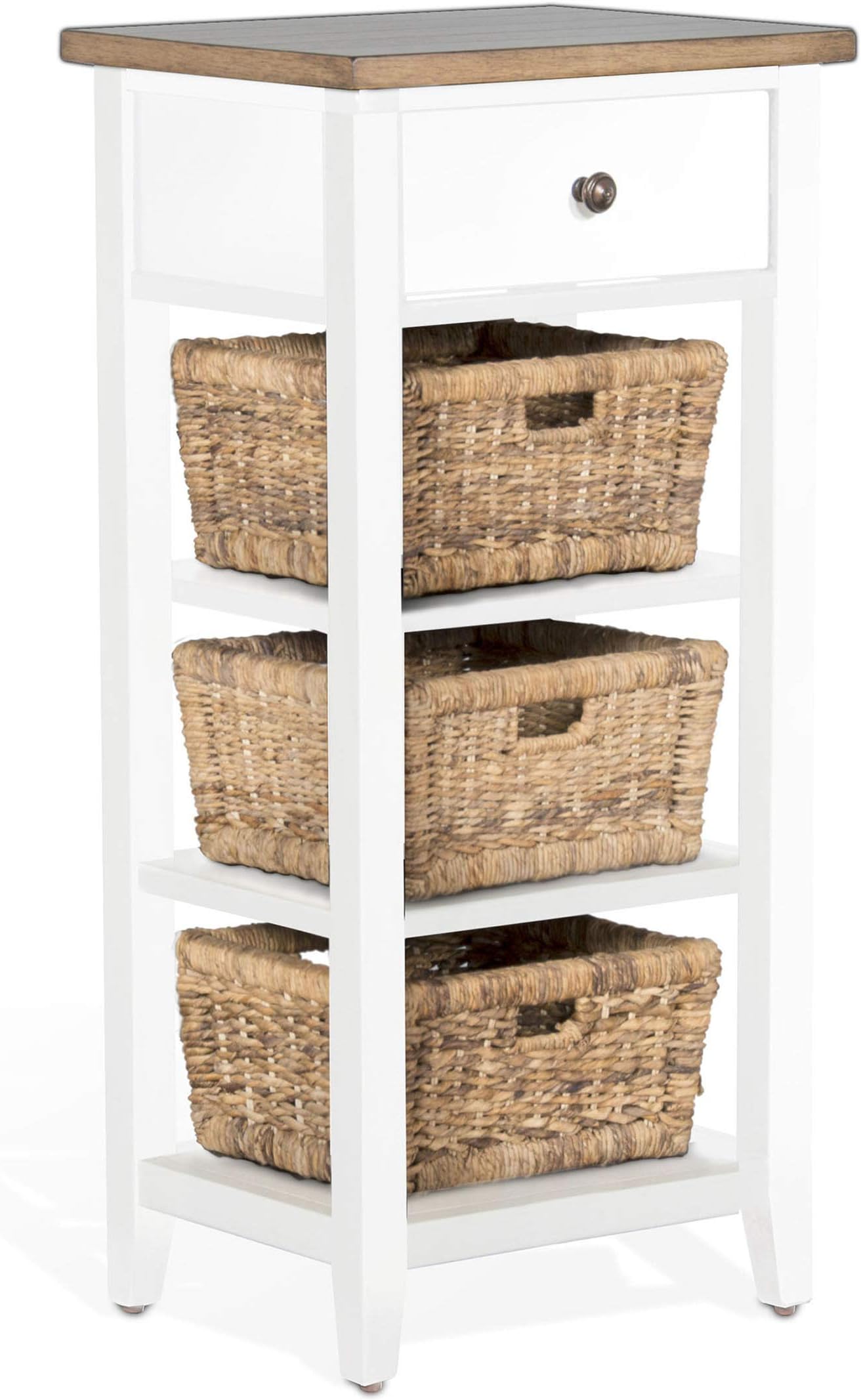 Sunny Designs Farmhouse Wood Storage Rack with Woven Baskets in White/Natural