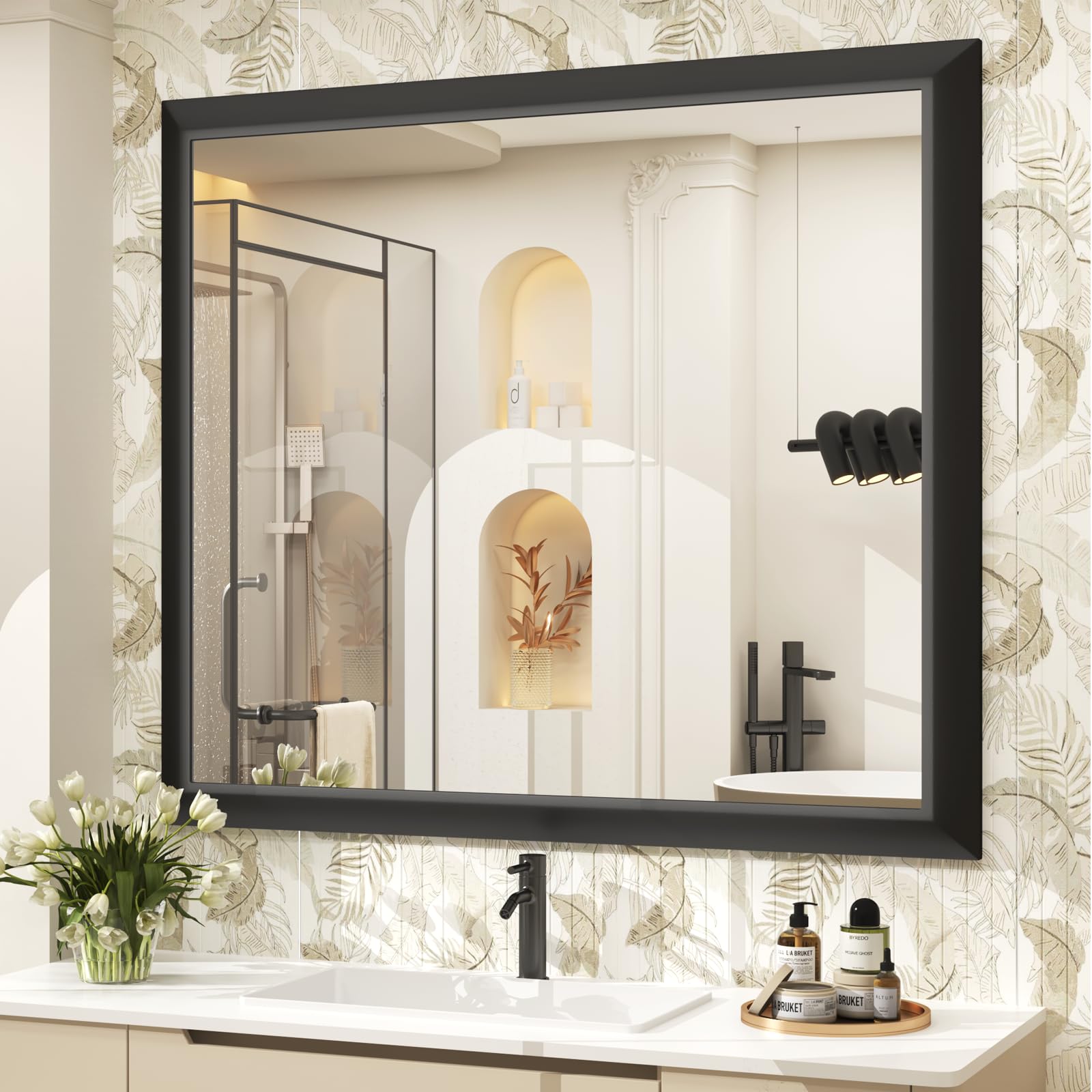 Photo 1 of **MINOR DAMAGES ON EDGES ** SMIROR Matte Black Bathroom Mirror for Over Sink 40x 38 inch, Metal Thick Frame Rectangle Vanity Mirror for Wall, Anti-Rust, Horizontally or Vertically Mounted