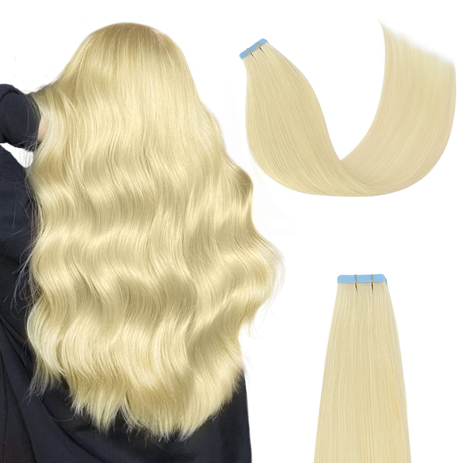 AGMITY Tape in Hair Extensions Platinum Blonde 100% Real Human Hair 12 inches 20pcs 40g/pack Straight Seamless Skin Weft Tape in Human Hair Extensions Blonde(12 inches #60 Platinum Blonde) — image 1