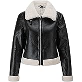 WYOYW Women Fur Leather Jacket Shearing Cropped Faux Fur Lined Moto Biker Coat