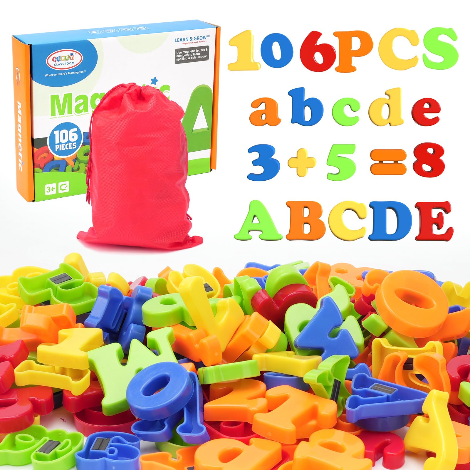 BunnyJOY Magnetic Letters and Numbers for Children, 106PCS Alphabet Fridge Magnets for Toddlers, Preschool Educational Toys, Spelling & Counting Learning Set, Magnetic Alphabet Set for Kids