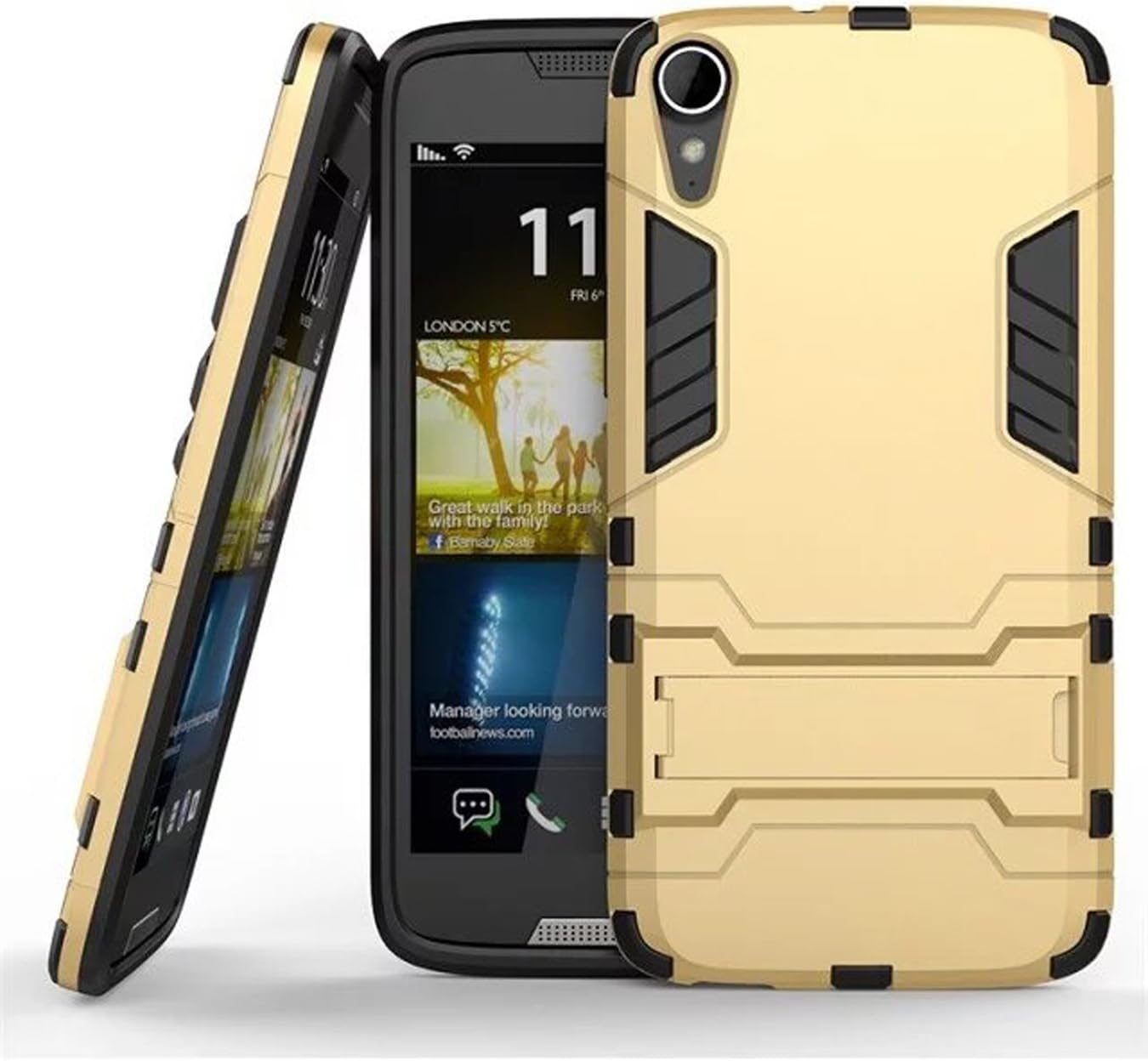 HTC Desire 828 Case, Tauustore Combo Shockproof Hybrid Slim Armor Defender TPU Bumper Case with Kickstand HTC Desire 828 - Gold