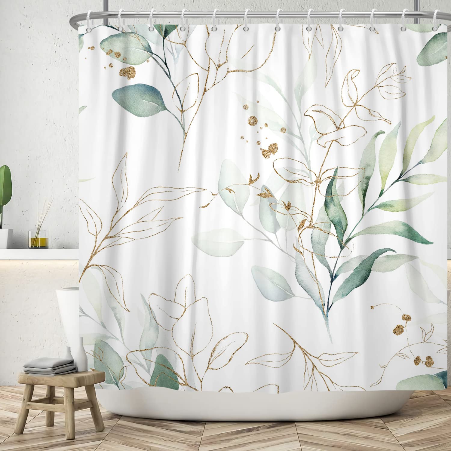 MIRRORANG Eucalyptus Leaves Shower Curtain,Green Leaf Plant Bathroom Curtains with 12 Hooks, Waterproof Mildew and Mould Resistant Polyester Fabric Washable Shower Curtain (180 x 180 cm)