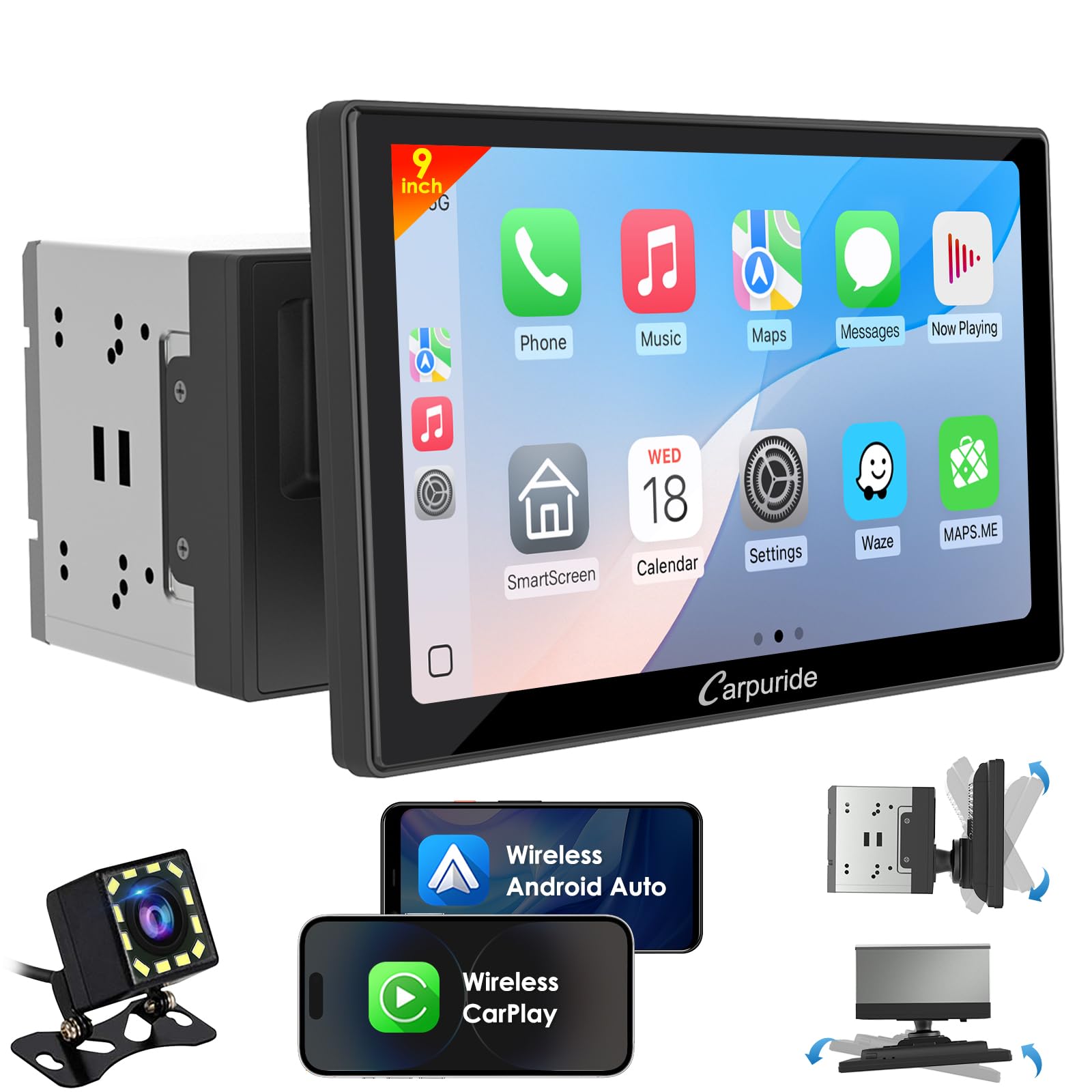 Carpuride YT09S Double Din Car Stereo with Wireless Apple CarPlay&Android Auto,9" IPS Touch Screen, GPS Navigation, BT, USB, FM, Rear Camera, SWC