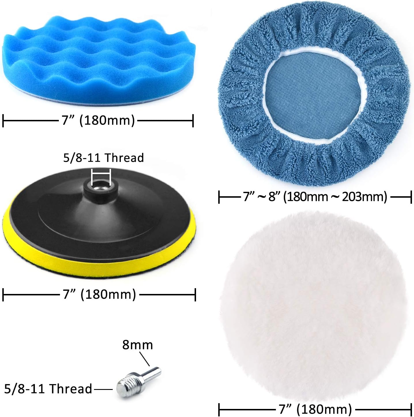 7 Inch Polishing Pads Kit Car Foam Sponge Pads Wool Bonnet Pads with 5/8-11 Thread Backing Pads & 8mm Adapters for Polisher & Electric Drill Auto Body Repair Pad for Waxing Buffing Sealing Glaze,13PCS: Automotive
