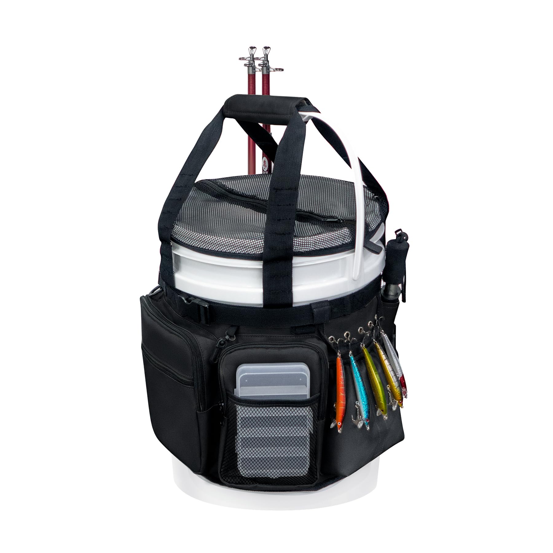 Photo 1 of WTVIDAS Fishing Bucket Organizer with Top Cover, Ice Fishing Tackle Bag with Rod & Plier Holder, Multi-Pockets for 5 Gallon Bucket Fish Gear & Accessories