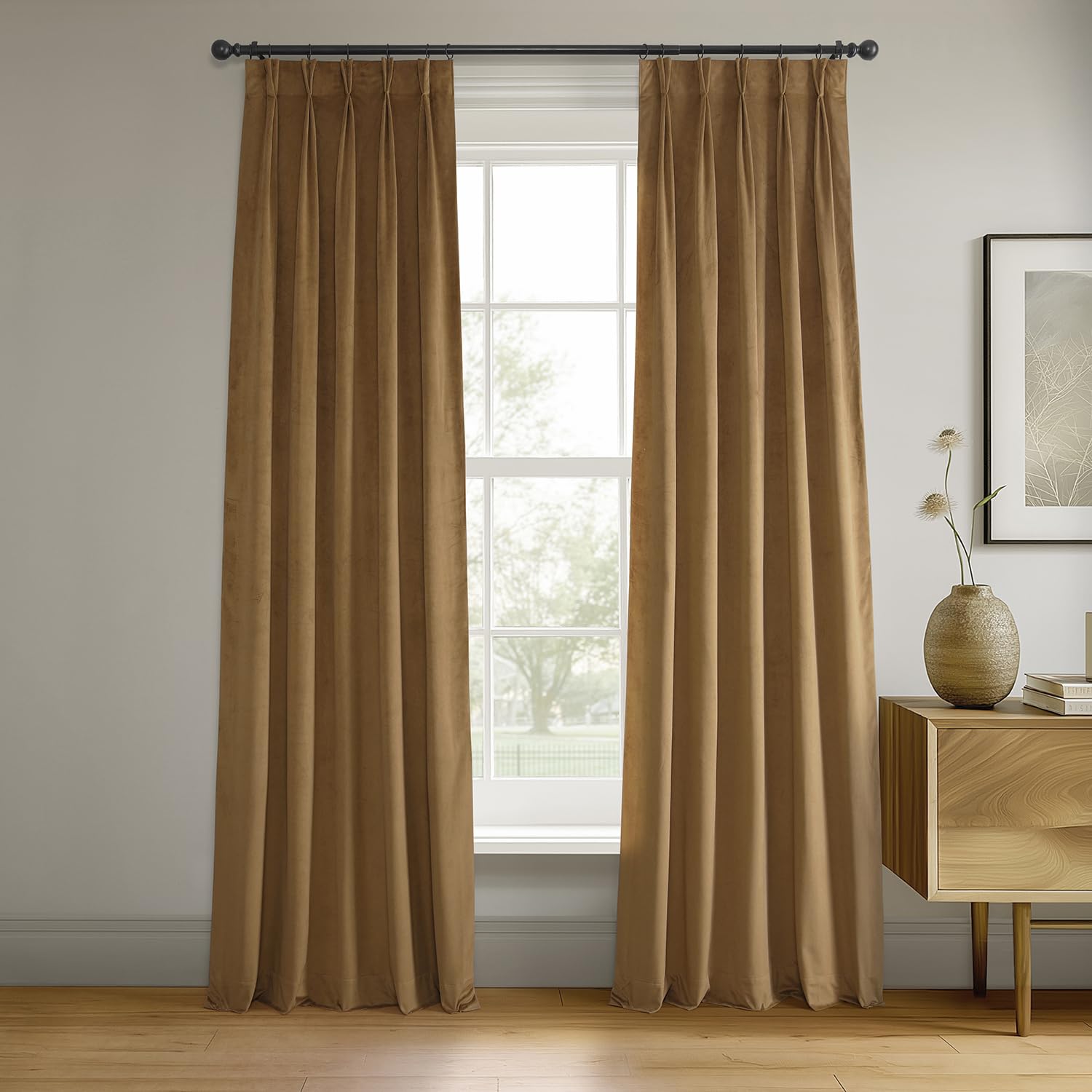 HPD Half Price Drapes Velvet Blackout Curtains/Drapes - 108 Inches Long 1 Panel Blackout Curtain Signature Pleated for Living Room & Bedroom - 25W X 108L, Amber Gold