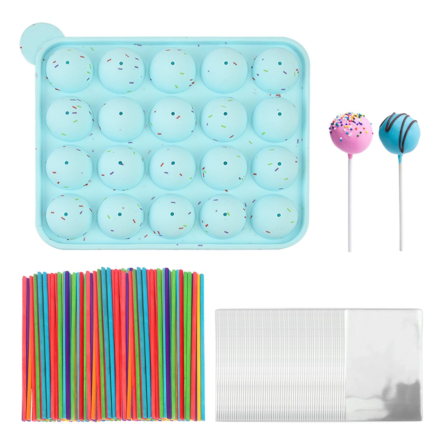 TYGFRT 1 Piece 20-Grid Ice Cream Mold, 100 Pieces Paper Sticks, 100 Pieces Packaging Bag, Round Lollipop Mold, Ball Jelly Mold, Silicone Ice Cube Box, DIY Mold
