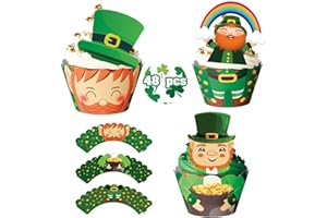 Bestus St Patrick's Day Cupcake Wrappers and Toppers Colorful Leprechaun Designs with Gold Coins, Rainbow and Shamrock for Birthday Party Supplies, School Classroom Decorations,Home Party Activities