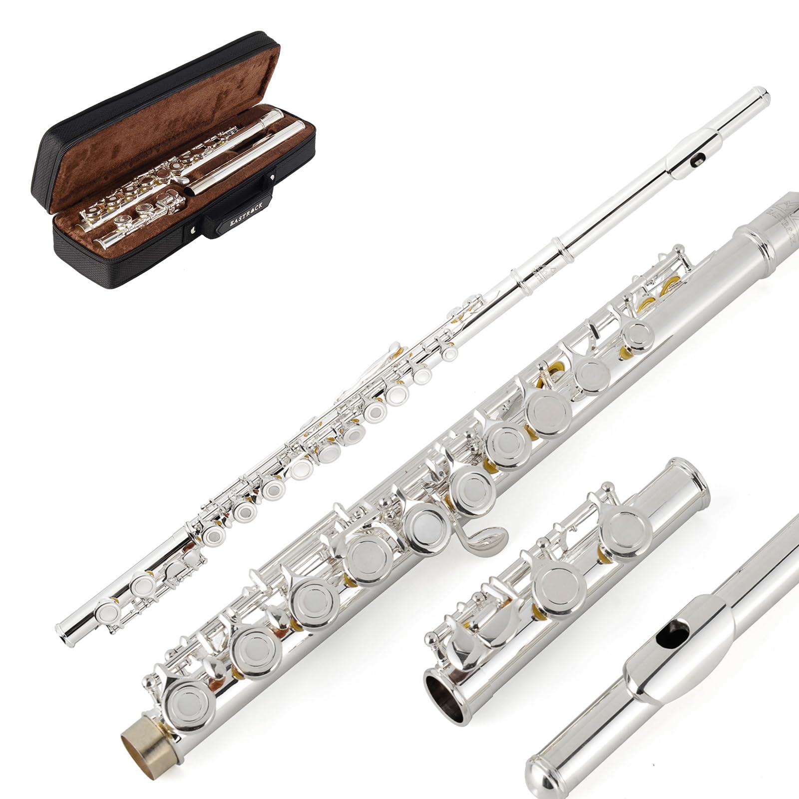 EastRock C Flute Silver Open Hole,16 Key Flute Musical Instrument with Carrying Case, Stand, Gloves, Cleaning Cloth and Rod for Beginner,Kids, Student (Silver Plated)