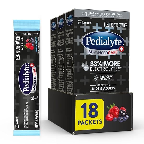 PEDIALYTE ADVANCEDCARE PLUS ELECTROLYTE POWDER, HAS 33% MORE ELECTROLYTES AND PREACTIV PREBIOTICS, BERRY FROST, 18 POWDER PACKETS