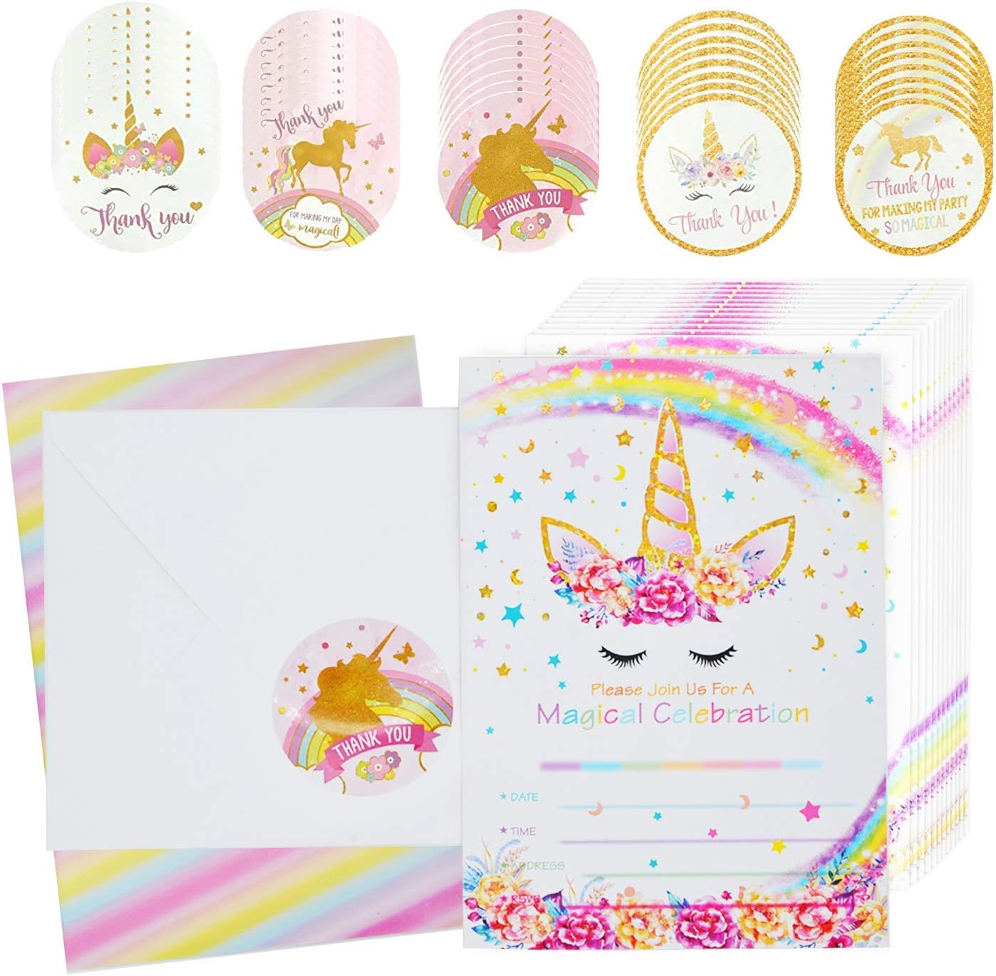Qkit Magical Unicorn Birthday Party Invitation Card Kit for Kids Birthday Baby Shower Party Supplies - 24 Pieces of Fill-in Blank Invitation Card with Matching Envelopes and 40 Pieces of Stickers