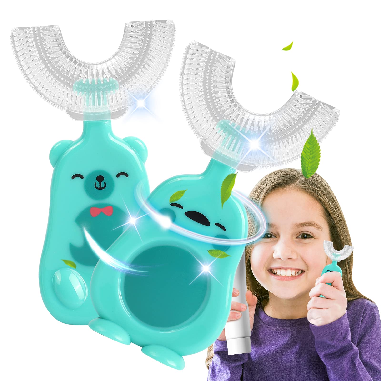 U Form Zahnbürste Kinder, 360 Grad Zahnreinigung Kinder Zahnbürste U Form, U Form Zahnbürste Kinder Silikonzahnbürstenkopf in Lebensmittelqualität (Duck and Bear(7-12))