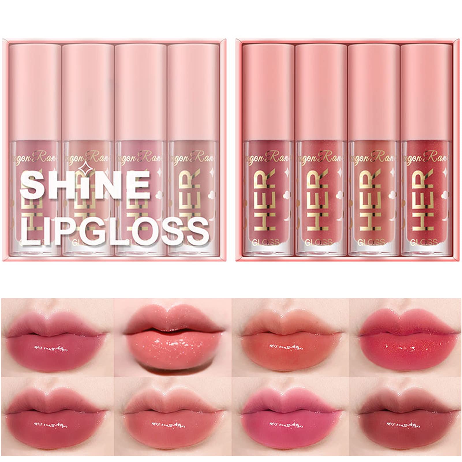 4 Pcs Shimmer Lip Gloss Crystal Jelly Liquid Lipstick Set Moisturizing Hydrating Long Lasting Lip Gel With Pink Box (A)