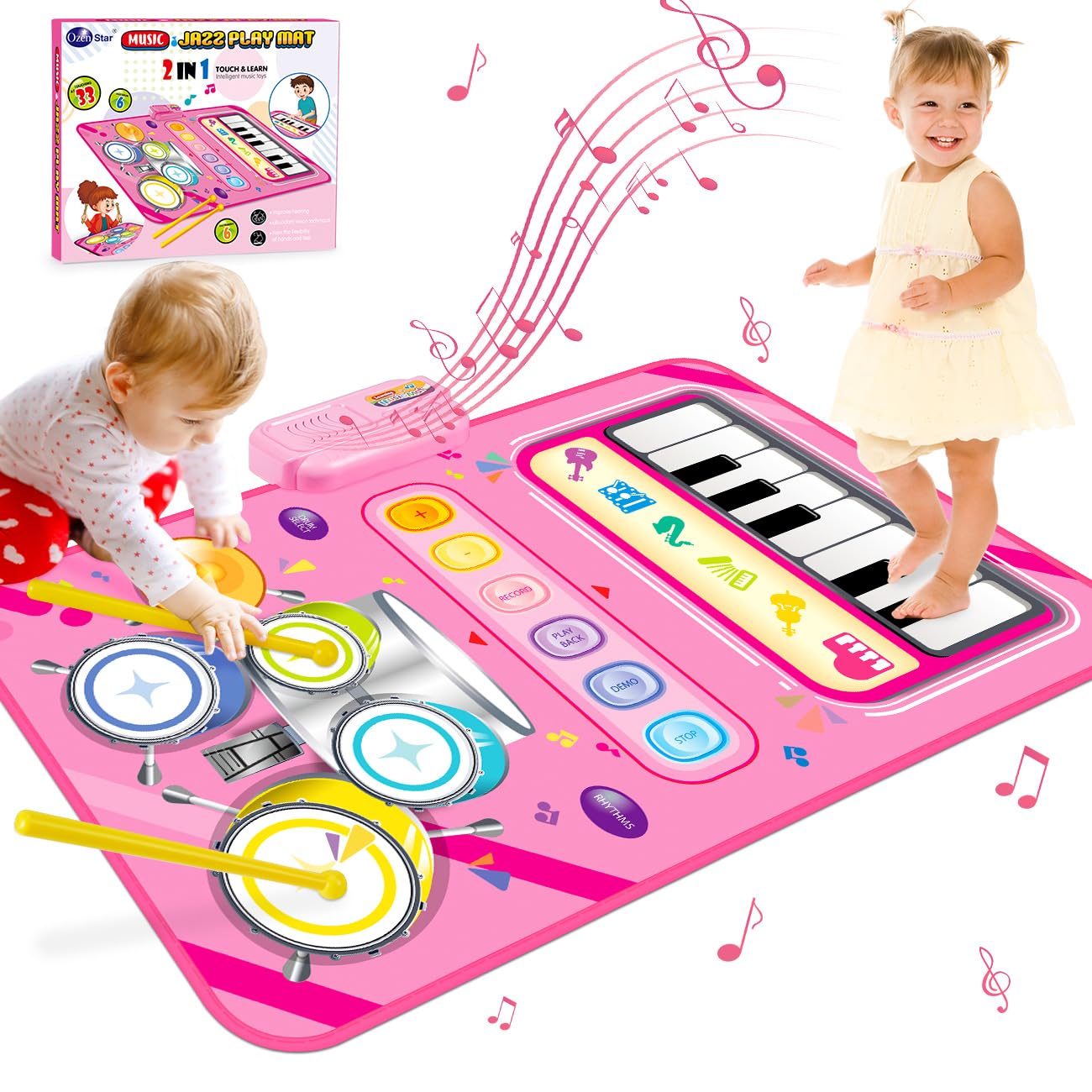 HahaGift 2 in 1 Musical Mat for 1 2 Year Old Girl Gifts, Piano Keyboard & Drum Mat with 2 Sticks for Toddlers Age 1-2, Baby Learning Toys for 1 Year Old Birthday Gifts for 1 2 3 Year Old Girls Present
