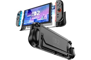 FIWWAT Dockable Protective Case for Nintendo Switch 2, TPU Ergonomic Grip Cover with Foldable JoyCon Holder Design, Slim Shockproof Hard Shell fit for Switch 2 Console & Kickstand - Matte Black
