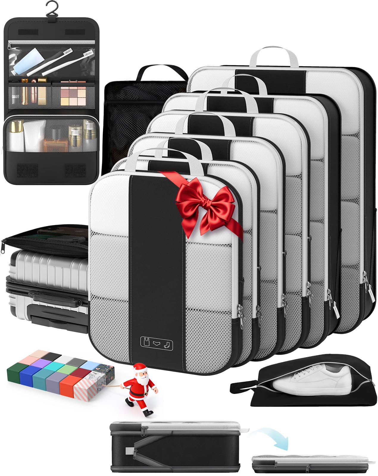 Photo 1 of 10 Set Compression Packing Cubes for Travel Essentials,Compressible Expandable Packing Cubes for Suitcase,OlarHike Luggage Organizer Bags for Travel,Handy Helper for Organizing Clothes(Black)