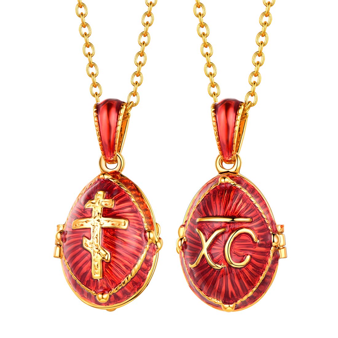 U7 Russian Orthodox Cross Necklace for Women Red Oval Locket Pendant Mens Christian Jewellery