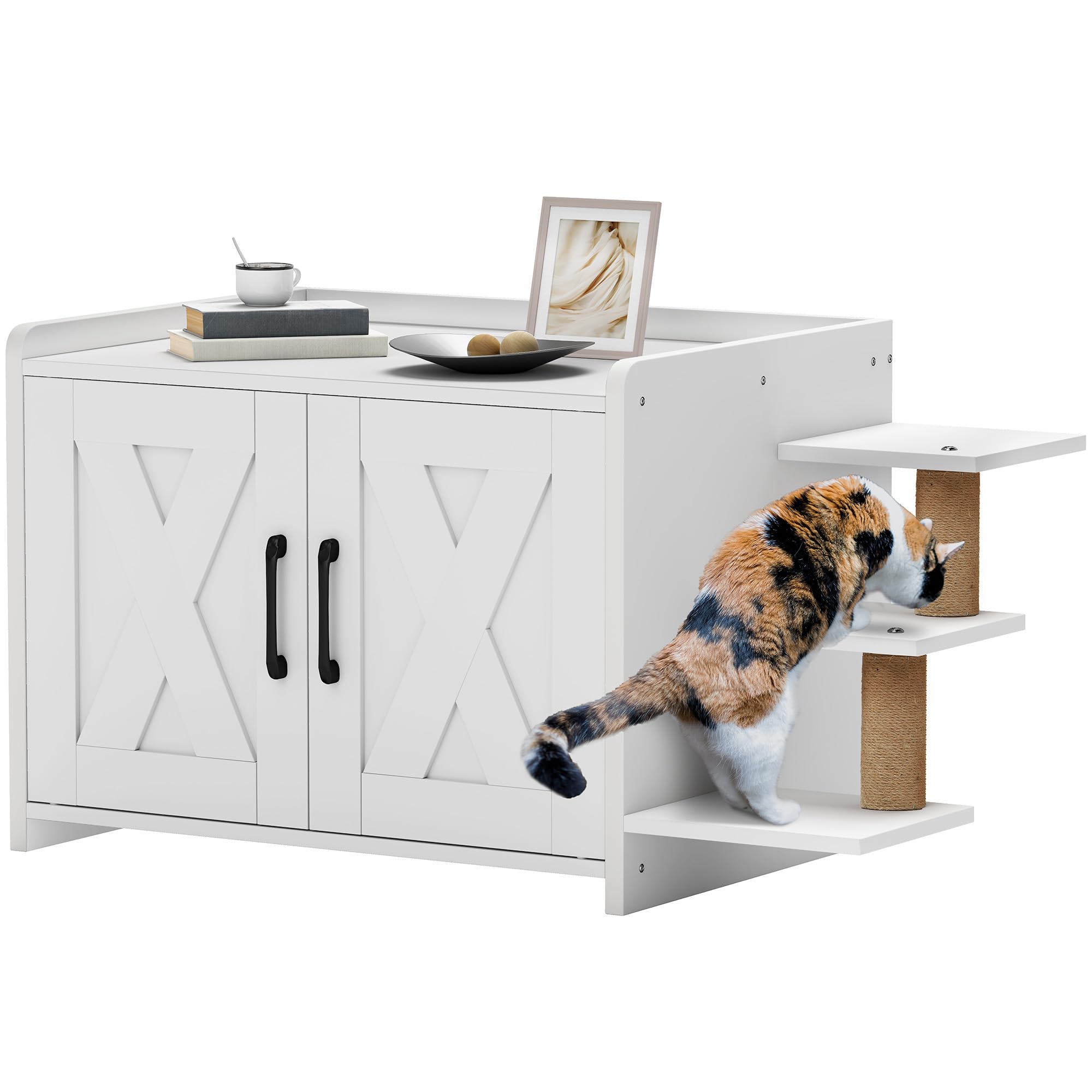 Photo 1 of YITAHOME 27" Cat Litter Box Enclosure, Modern Cat Litter Box Furniture Hidden with Scratching Post&cusion, Wooden Cat House as Side End Table Nightstand, Fit Most of Litter Box, White