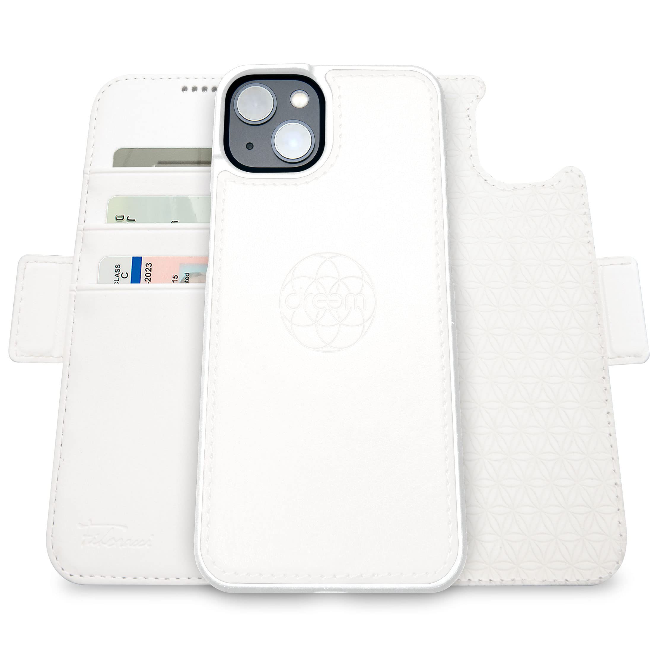 dreem 3-in-1 Wallet Case for iPhone 14/16e/17e | Built-In Kick-Stand, Magnetic Detachable Vegan Leather Flip Cover with RFID Blocking Card Holder, MagSafe Compatible, Gift Box [Fibonacci: White] — image 1