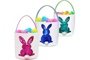 Poptrend Easter Basket Bags,Easter Eggs/Gift Baskets for Kids,Bunny Tote Bag Bucket for Easter Eggs,Toys, Candy,Gifts (3 Pack Blue Green Pink)