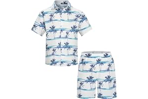 Yoimira Boys Hawaiian Shirt and Short Set Beach Shirts for Kids Printed Casual Outfit 2 Piece with Pocket 7-14 Years