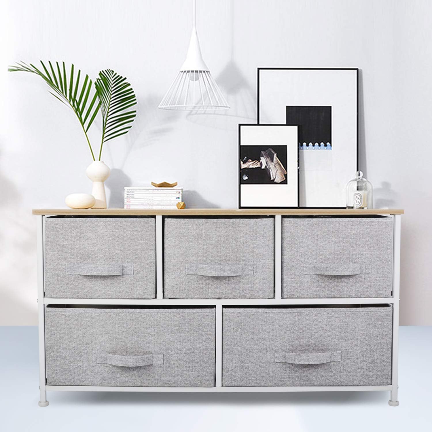 Wide Drawer Dresser Storage Organizer - CERBIOR 5-Drawer Closet Shelves, Sturdy Steel Frame Wood Top with Easy Pull Fabric Bins for Clothing, Blankets- Grey: Home Improvement