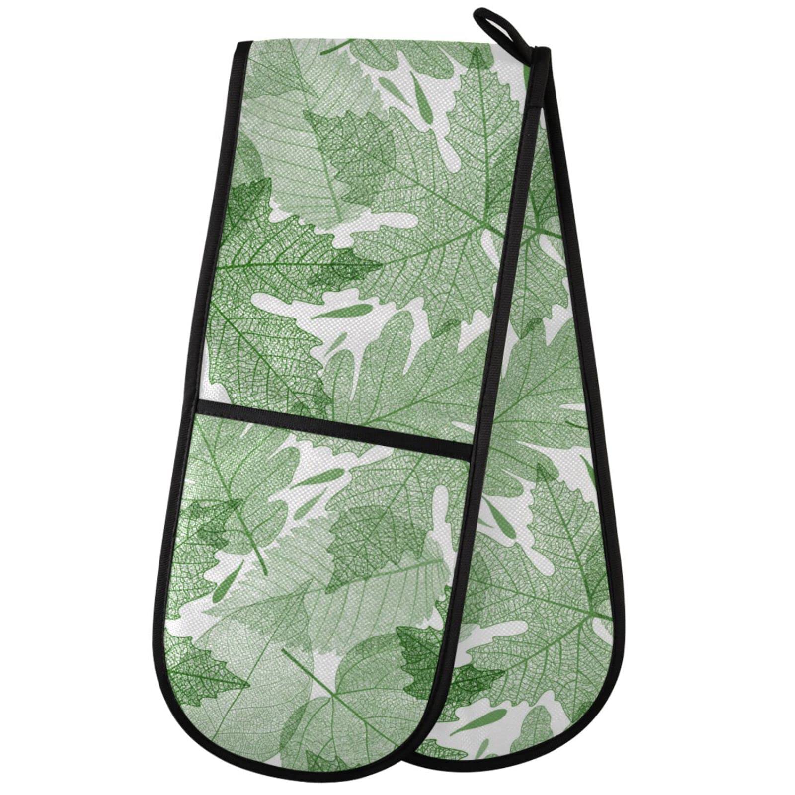 ZZXXB Green Leaves Double Oven Mitt Heat Resistant Non-Slip Kitchen Gloves Extra Long 7" x 35" for Cooking Baking Barbecue Grilling