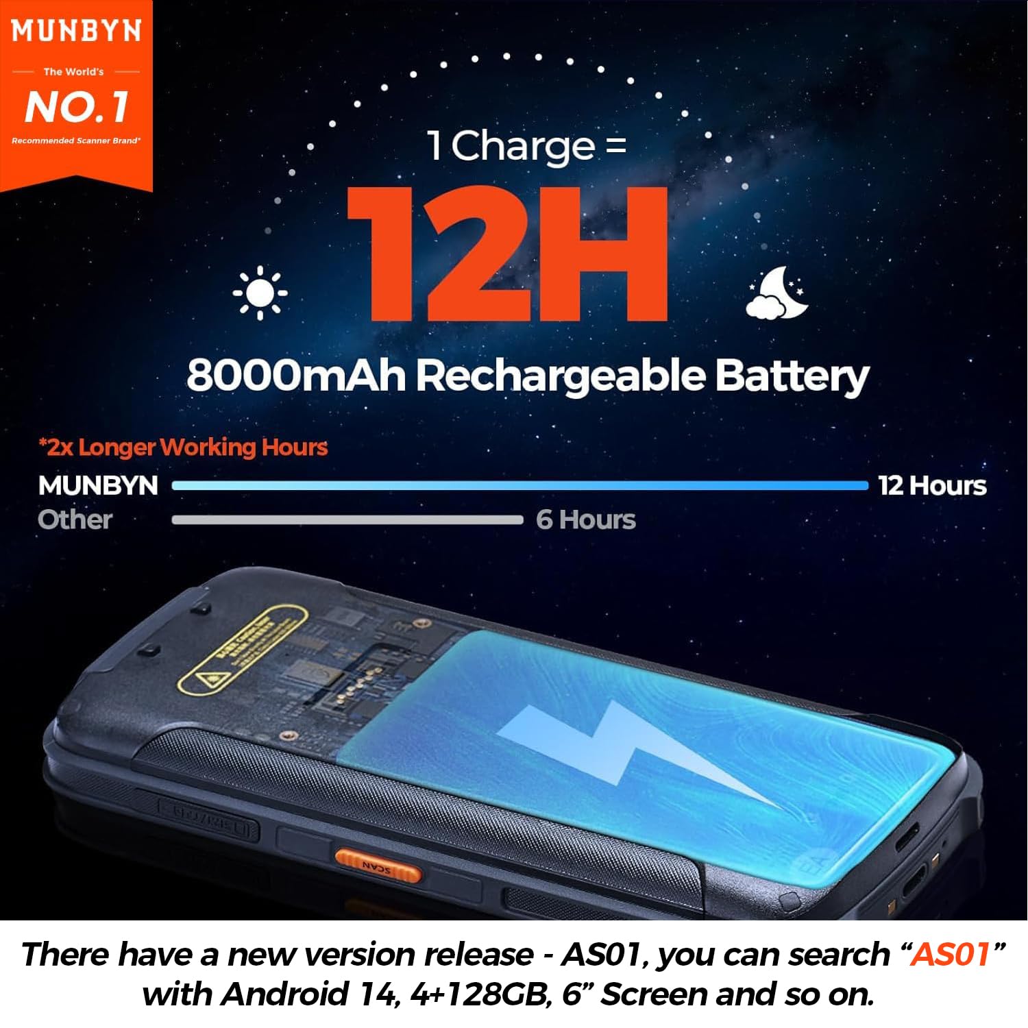 MUNBYN Android Barcode Scanner Full Screen, 8000mAh Mobile Computer, 1D/2D QR Zebra SE4710 Engine, Handheld Android 13, PDA for WMS, 4G Wi-Fi Inventory Bar Code Scanner