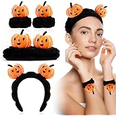 CUBACO 4 Pcs Skincare Headbands for Face Washing Cute Halloween Pumpkin Spa Headband and Wristband Set for Women Fluffy Makeup Headband for Women Girls Makeup Sports Shower Pumpkin Hair Accessories