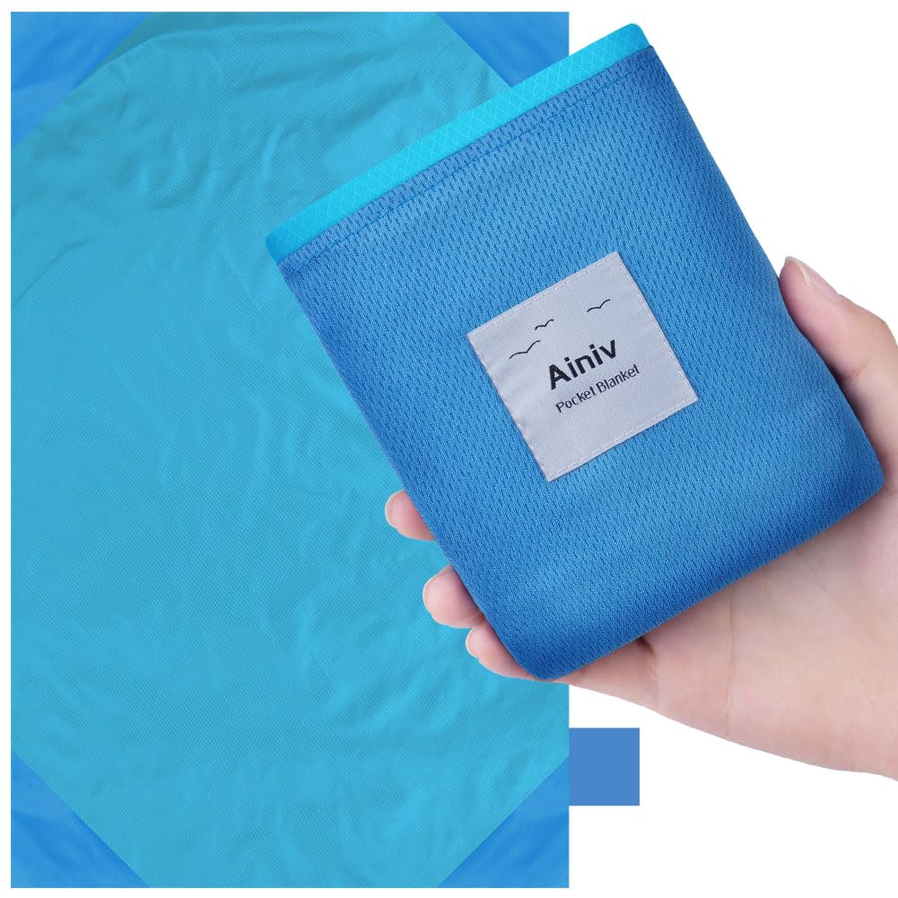 Ainiv Picnic Blanket, Mini Pocket Beach Mat 140 x 180 cm (3-5 People) Foldable, Lightweight Waterproof Sand Free, Foldable Thin Ground Sheet for Outdoor Camping Hiking Travel - Blue