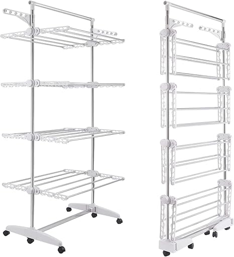 Johgee Mobile Clothes Airer Tower Clothes Dryer With 6 Rotating Wheels And 4 Shelves Sturdy Drying Rack Foldable 178 Cm High Clothes Rack With Foldable Wings For Indoor And Outdoor Use