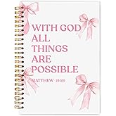 WARDOS Pink Coquette Bow Christian Spiral Notebook Journal 5.5x8.3, With God All Things Are Possible Bible Journals, Preppy Pink Prayer Christian Journal Gifts for Women, Girly Cute Notebook