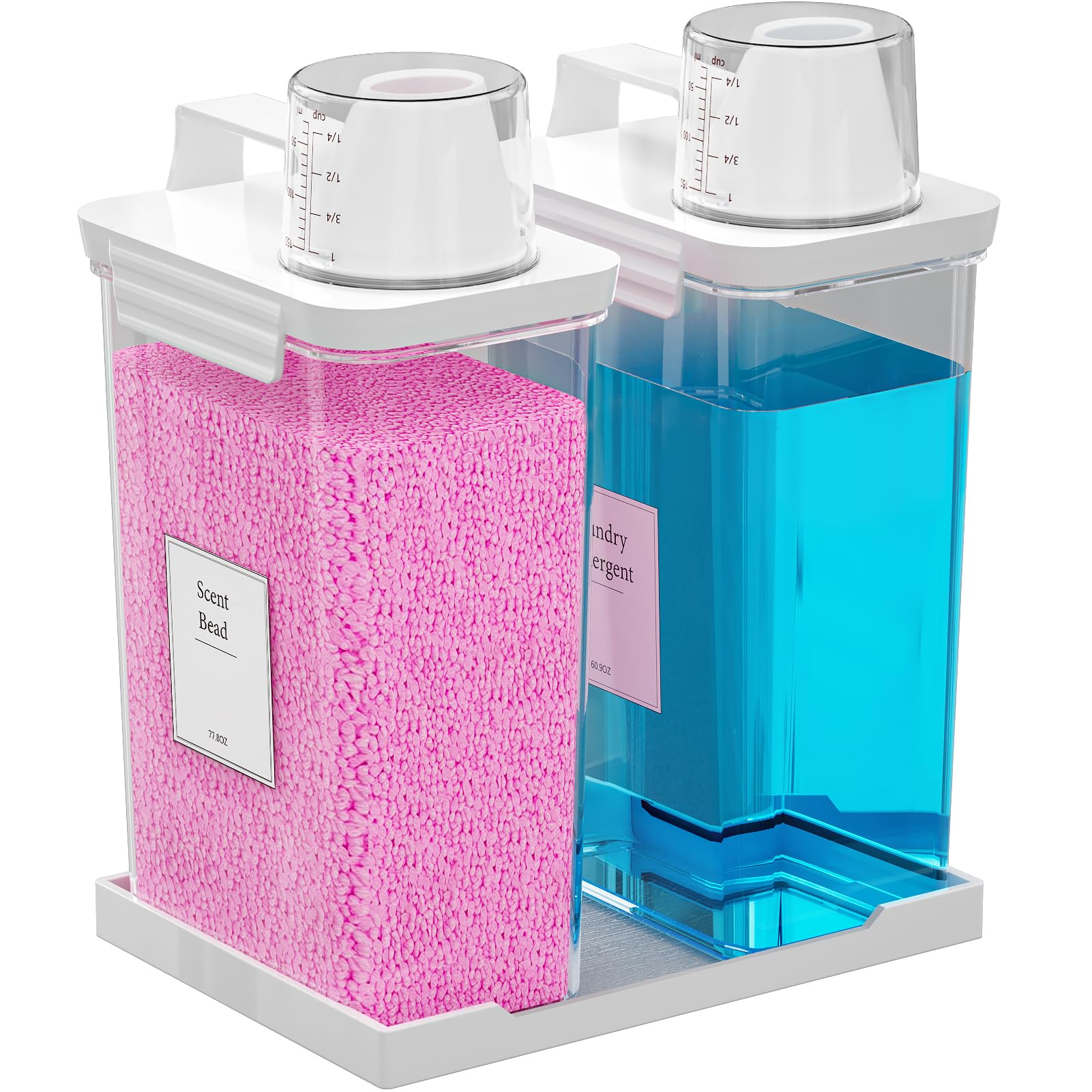 Photo 1 of Hordely 77.8OZ Laundry Detergent Dispenser Container, 2 Pack Liquid Laundry Dispenser, Plastic Detergent Dispenser for Laundry Room/Powder/Fabric Softener with Labels/Tray, Clear