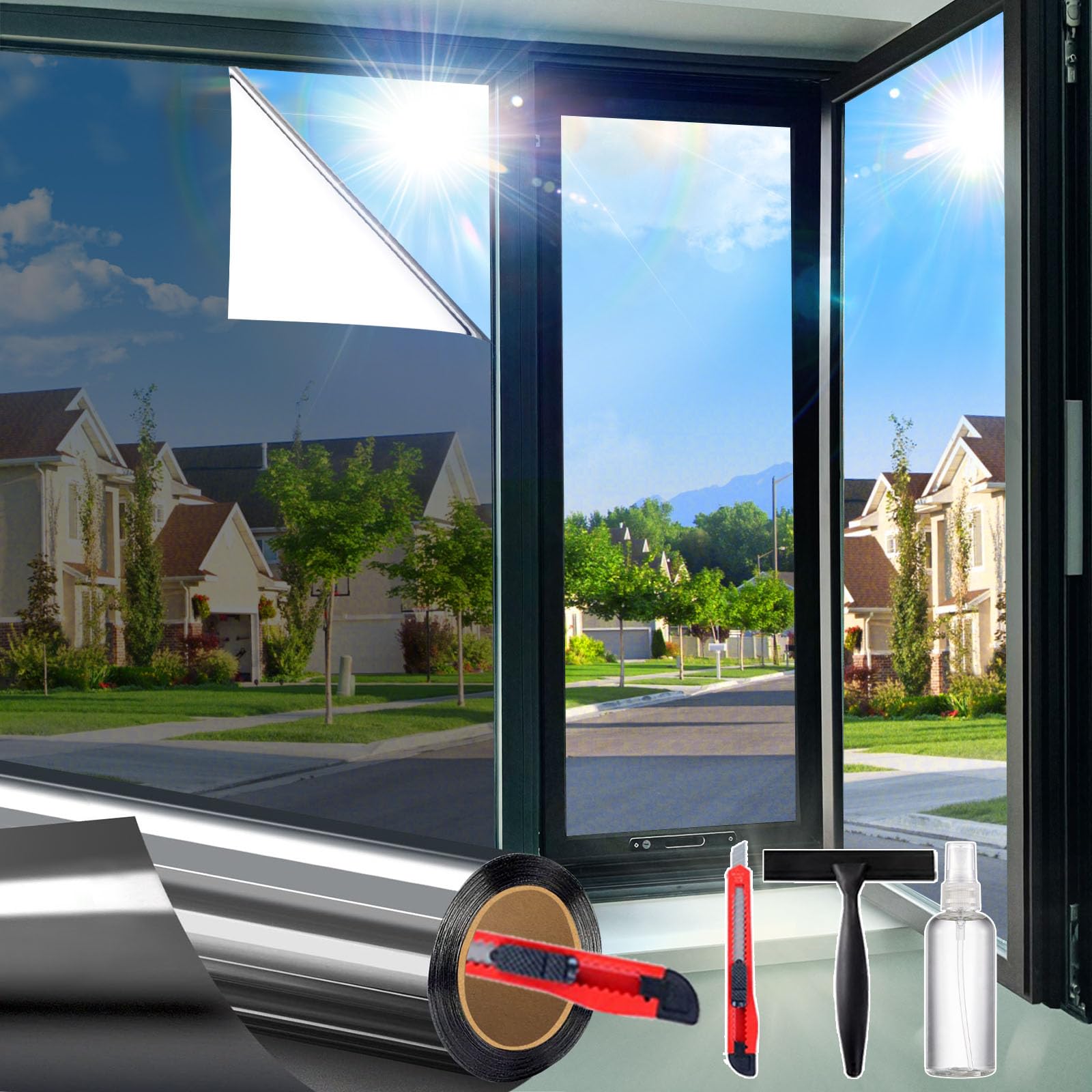 Photo 1 of One Way Window Privacy Film See Out Not in, Window Tint for Home, Reflective Mirror Glass Windows Coverings Sun Heat UV Blocking, Black-Silver,23.6 Inch x 78.74
