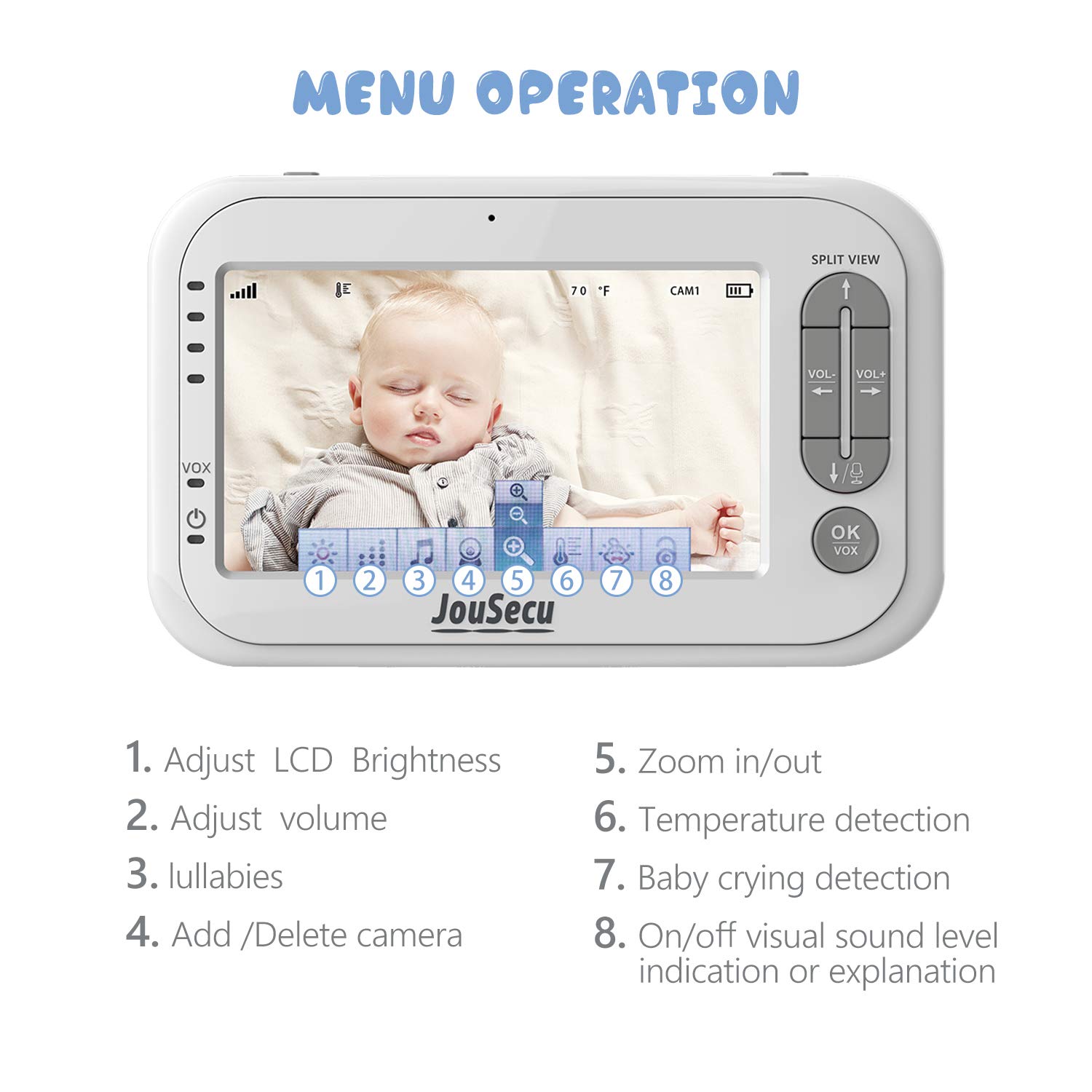 Video Baby Monitor JouSecu Infant Monitor with 2 Camera 4.3 Inches LCD Split Screen 1440mAh Rechargeable Battery Temperature Detection Baby Crying Detection Night Vision 2-Way Audio : Baby