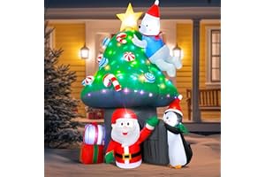 DAWDIX Christmas Inflatable Outdoor Decoration, 7FT Blow Up Mushroom House with Santa, Polar Bear & Penguin, Built-in Colorful Light Inflatable Christmas Tree & Gift Boxes for Xmas Party Yard Lawn Patio