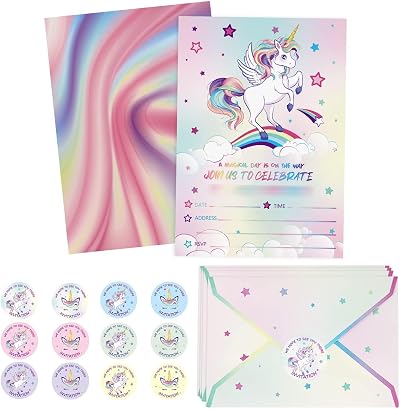 WERNNSAI Unicorn Party Invitations 24 Pack Rainbow Birthday Baby Shower Kids