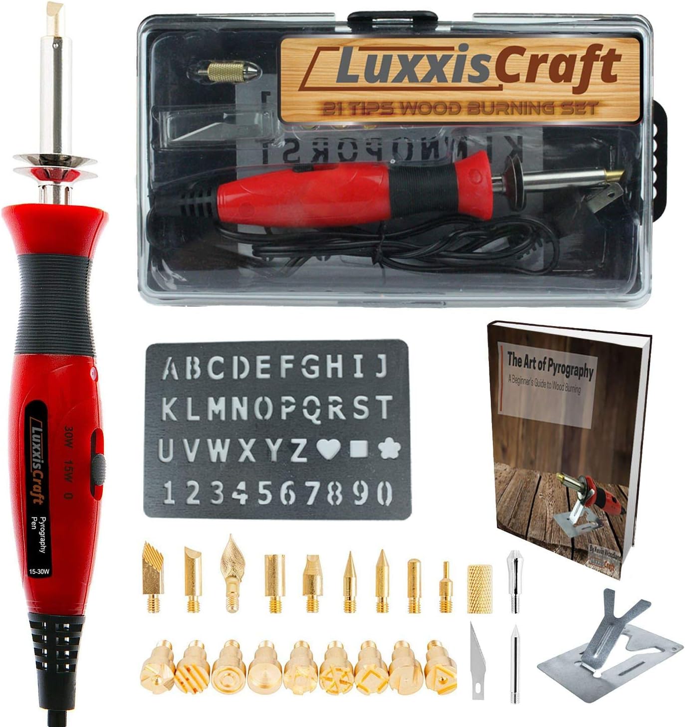 Wood Burning Kit 22 PCS Tools Set. Professional Pyrography Kit โ Woodburning Pen, Embossing, Carving, Soldering Tips, Hot Knife, Stencil, Stand, Carrying case โฎBonus E-Bookโฎ Arts and Crafting Supplies