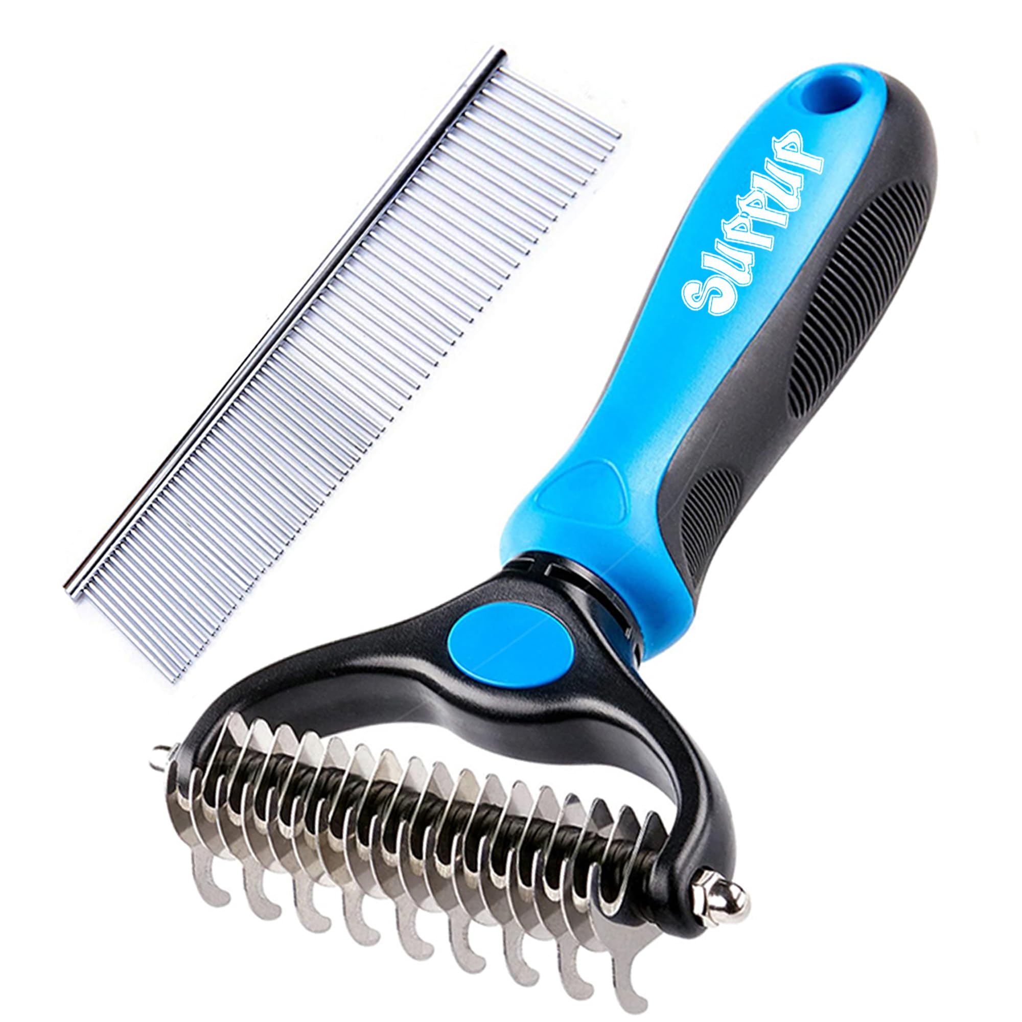 Dematting Comb with Grooming Rake and Brush for Dogs and Cats, for Small, Medium & Large Dog Breeds, 17+9 Double Sided Deshedding Tool, Removes Tangles and Knotts (Blue)