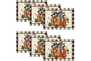 Artoid Mode Pumpkin Buffalo Plaid Fall Placemats Set of 6, 12x18 Inch Seasonal Autumn Table Mats for Table Runner Home Party Dining Decoration