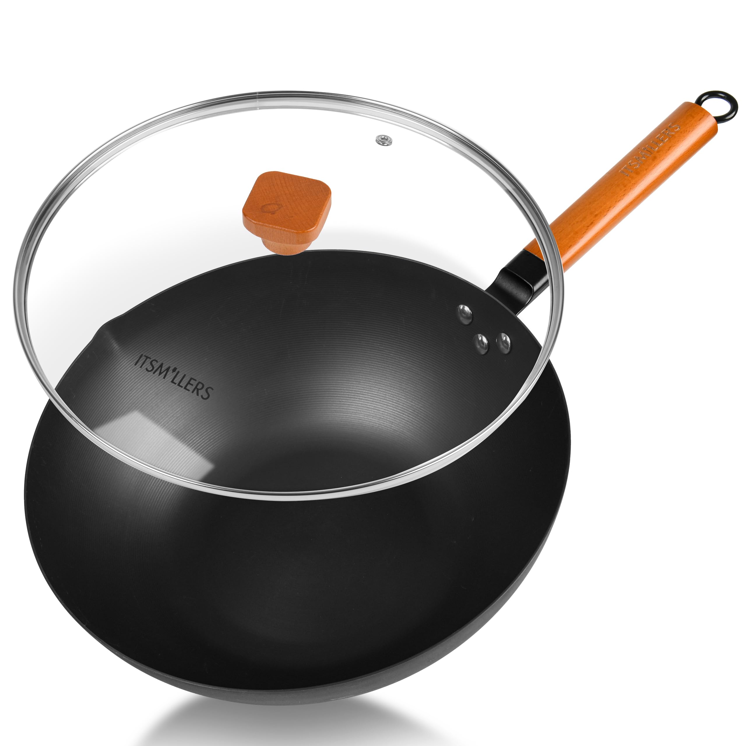Photo 1 of ITSMILLERS 12.5-Inch Carbon Steel Wok with Lid – Pre-Seasoned Flat Bottom Stir-Fry Pan, Nonstick Wok for Induction, Gas, Electric & All Stovetops – Chinese Wok with Glass Lid